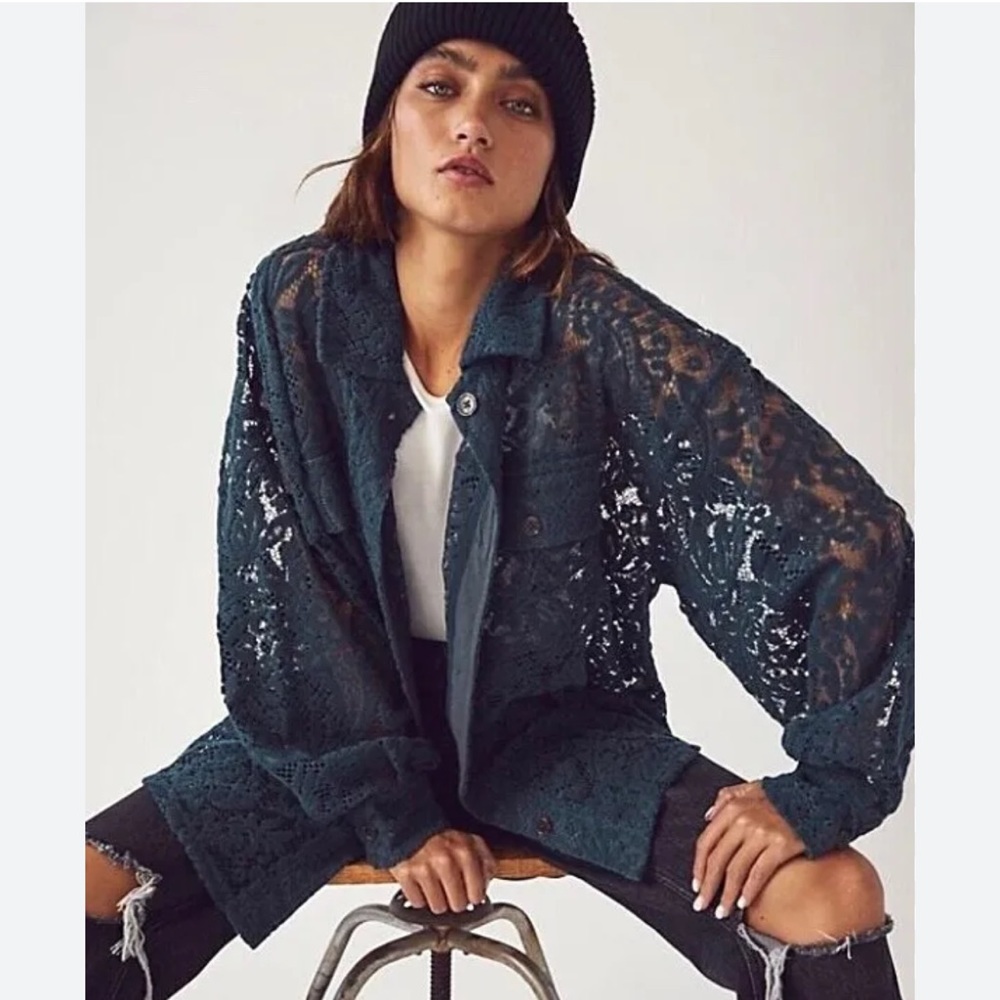 Free People Lace Button Down Shirt - Dark Teal